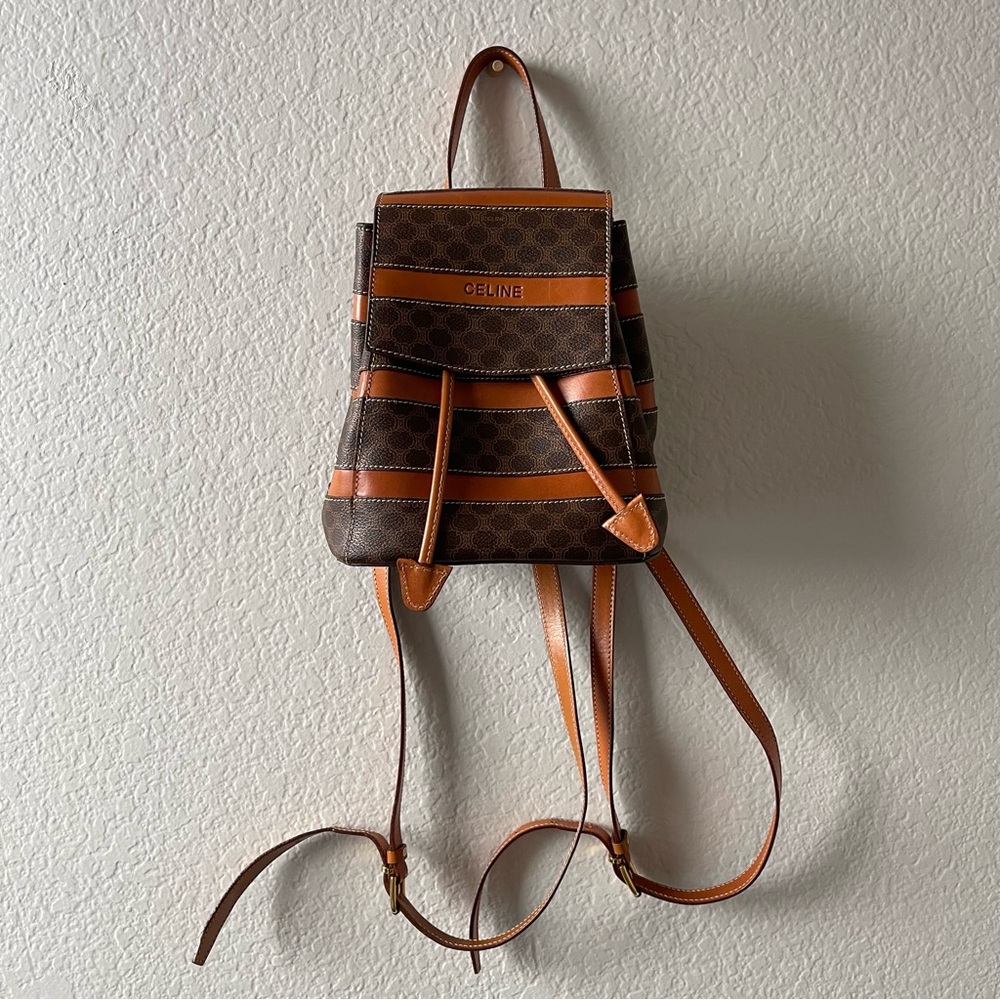 CELINE Macadam Canvas Backpack Purse Brown PVC Leather Vintage MC96* - Picture 2 of 9